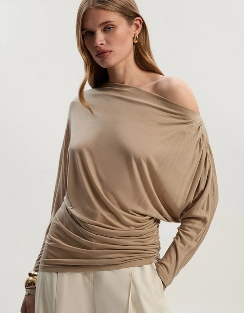 Tencel Ruched Asymmetric Neck Long Sleeve Top