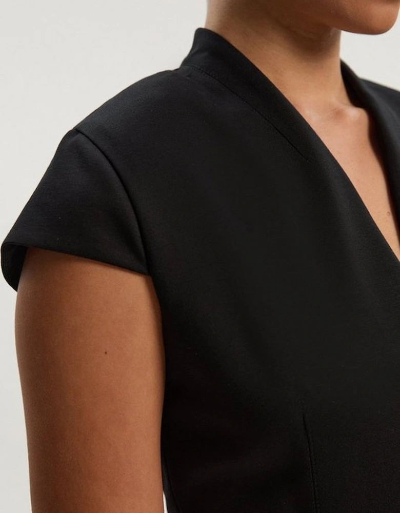 Petite Premium Ponte V Neck Asymmetric Front Tailored Midi Dress