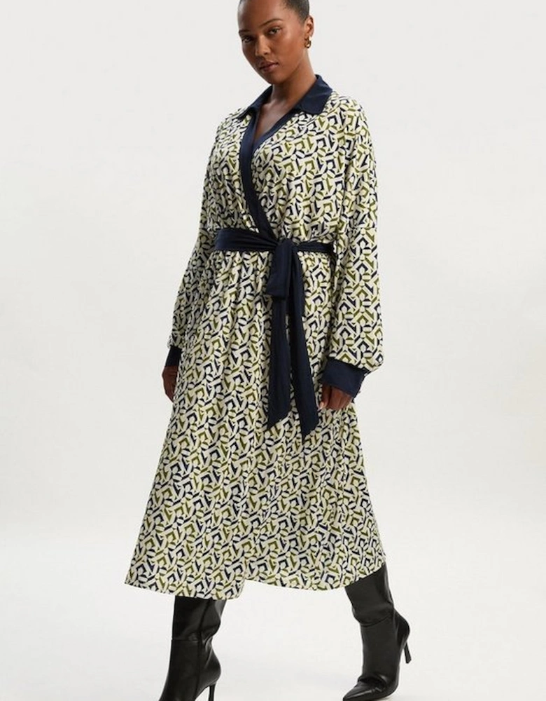 Plus Size Geo Print Crepe Tie Waist Maxi Dress