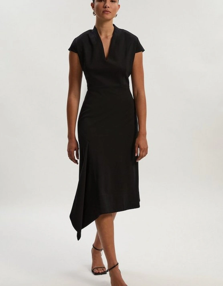 Petite Premium Ponte V Neck Asymmetric Front Tailored Midi Dress