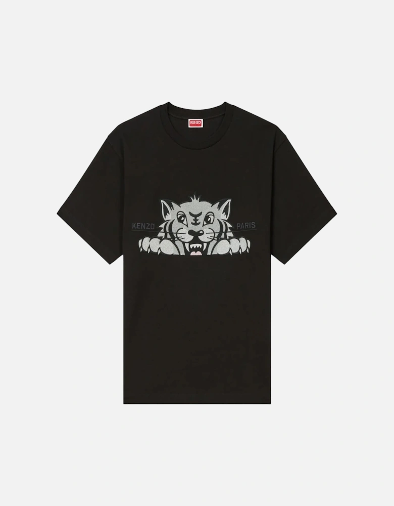 Happy Tiger Embroidered Oversize T-shirt Black