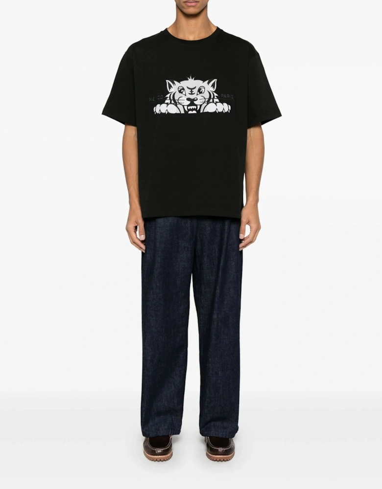 Happy Tiger Embroidered Oversize T-shirt Black