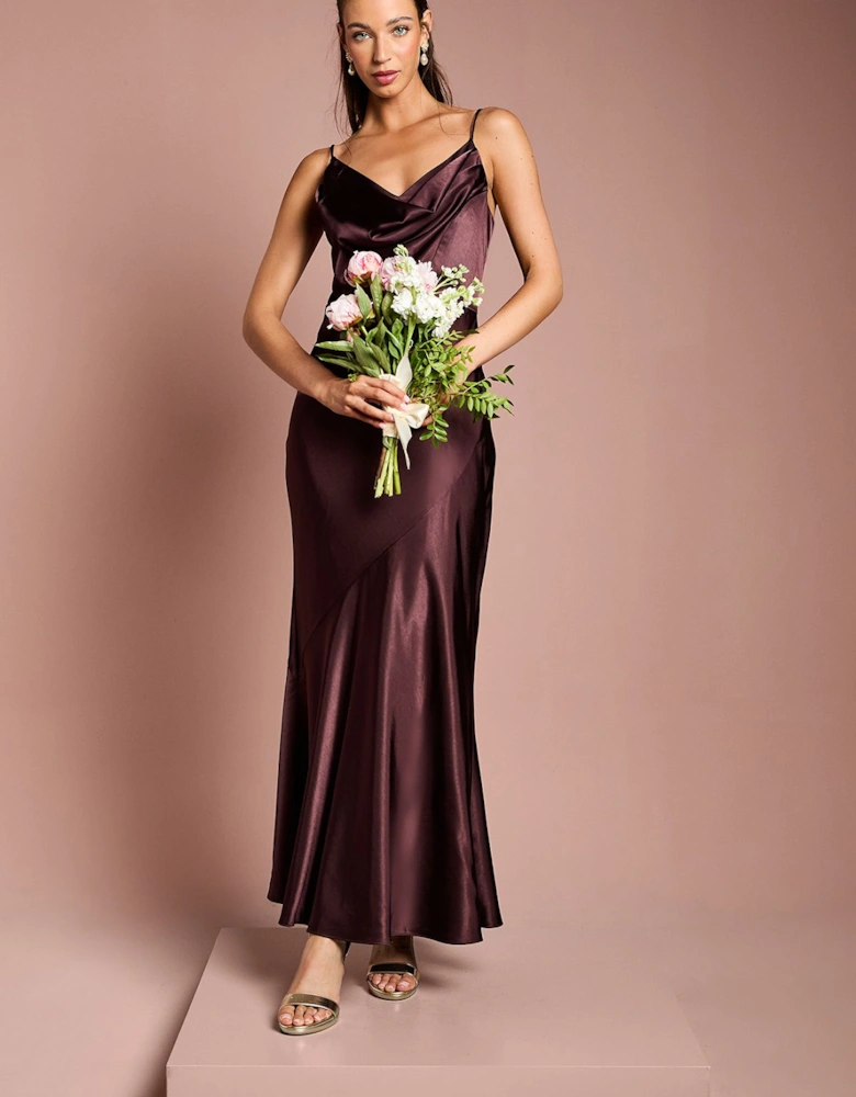 Satin Strappy Cowl Neck Fishtail Maxi Bridesmaids Dress
