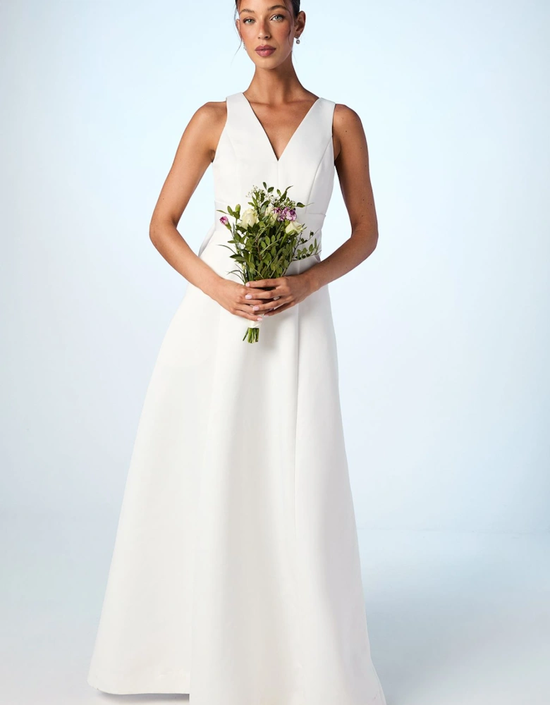 Satin Plunge V Neck Maxi Wedding Dress with Back Bow Detail