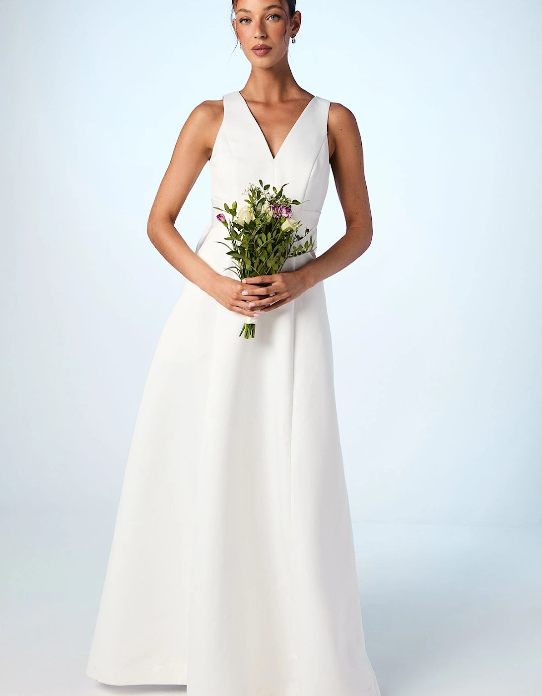 Satin Plunge V Neck Maxi Wedding Dress with Back Bow Detail, 2 of 1