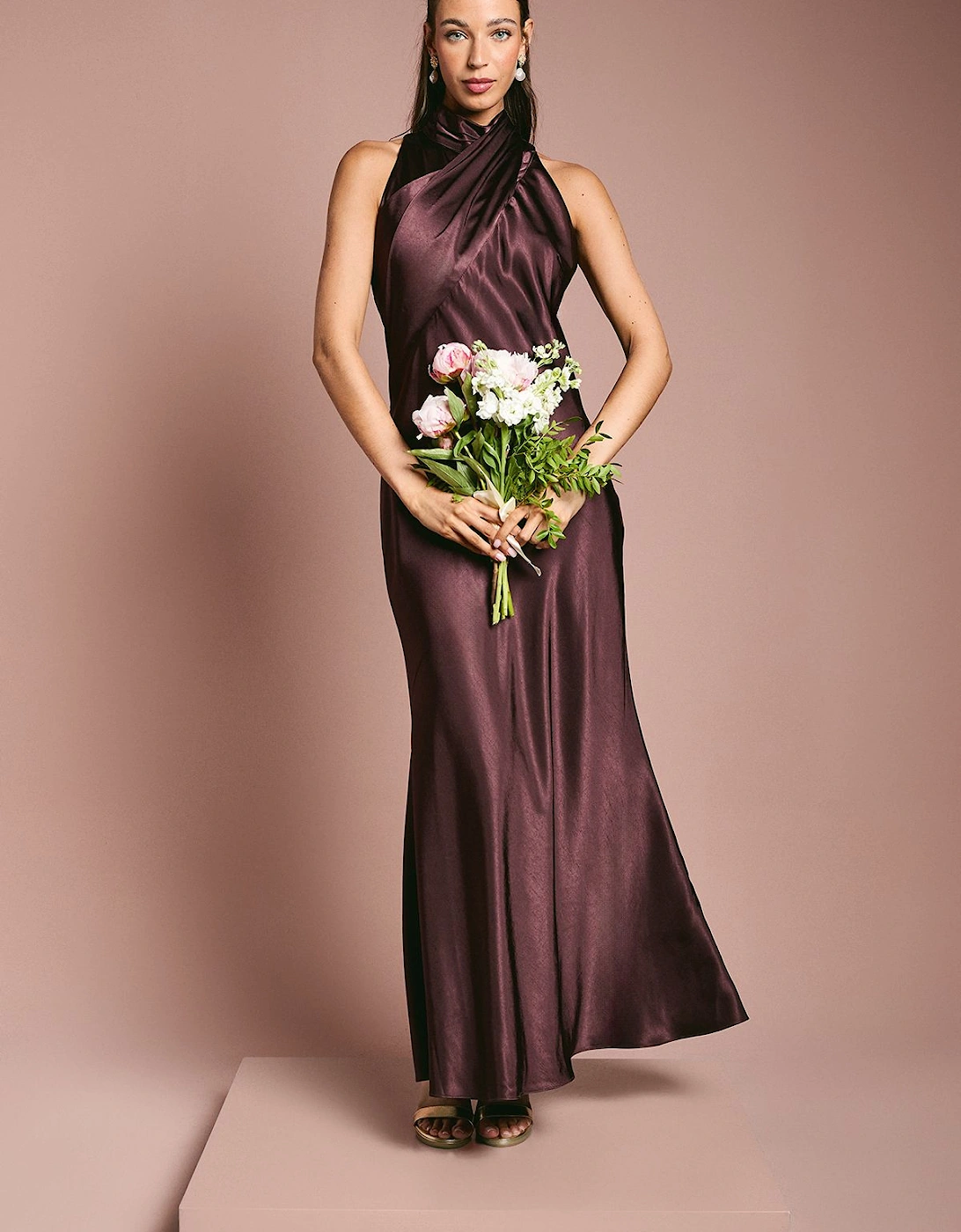 Satin Bias Cut High Neck Fishtail Bridesmaid Maxi Dress, 2 of 1