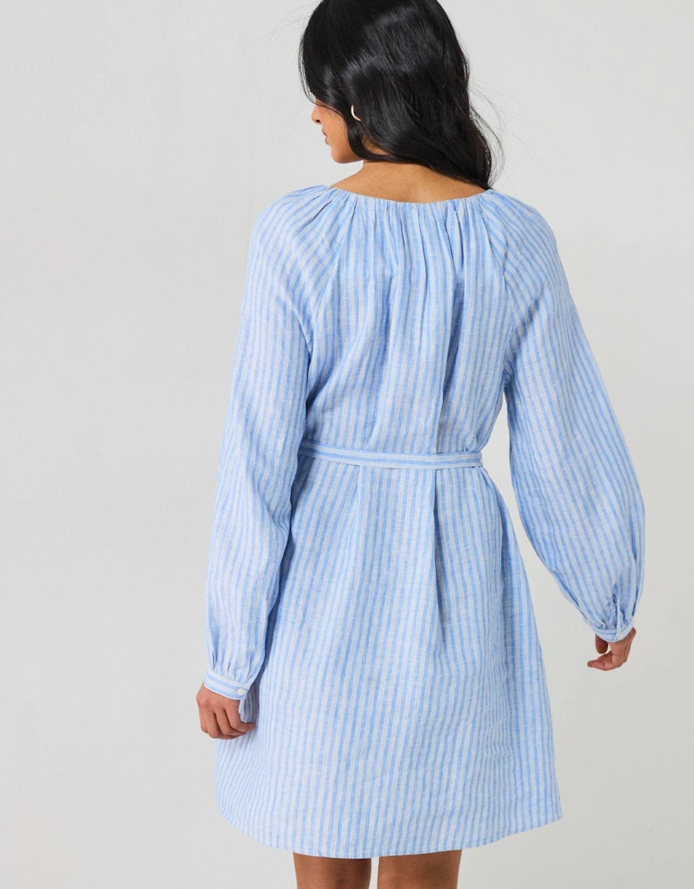 Linen V-Neck Mini Dress - Blue