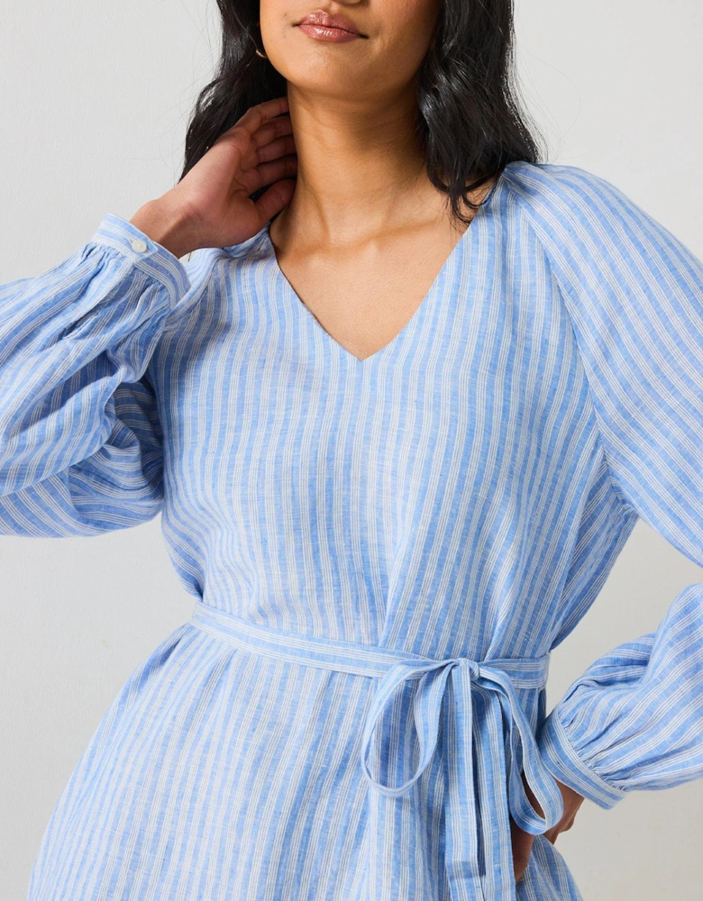 Linen V-Neck Mini Dress - Blue