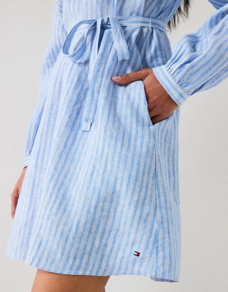 Linen V-Neck Mini Dress - Blue