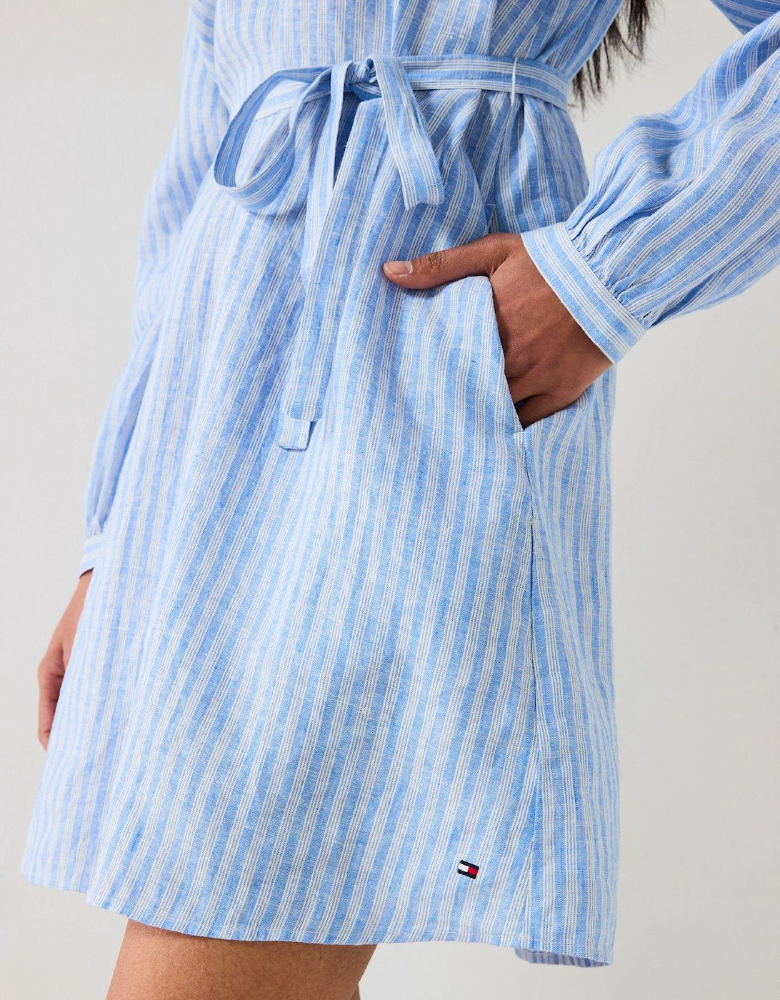 Linen V-Neck Mini Dress - Blue