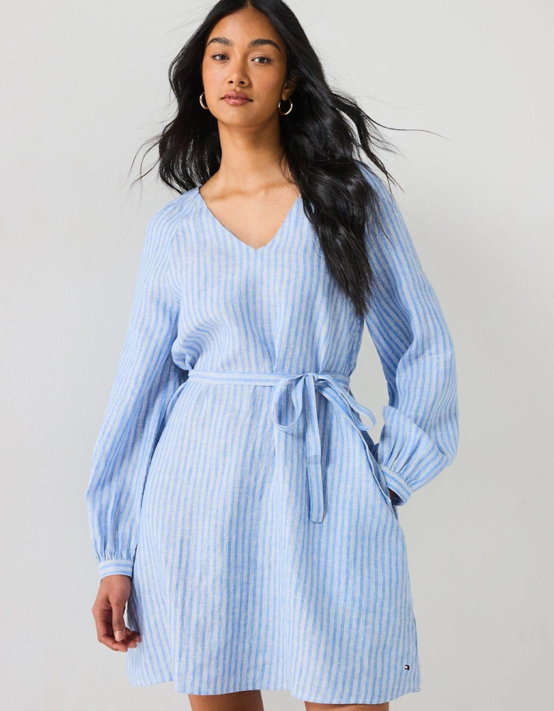 Linen V-Neck Mini Dress - Blue