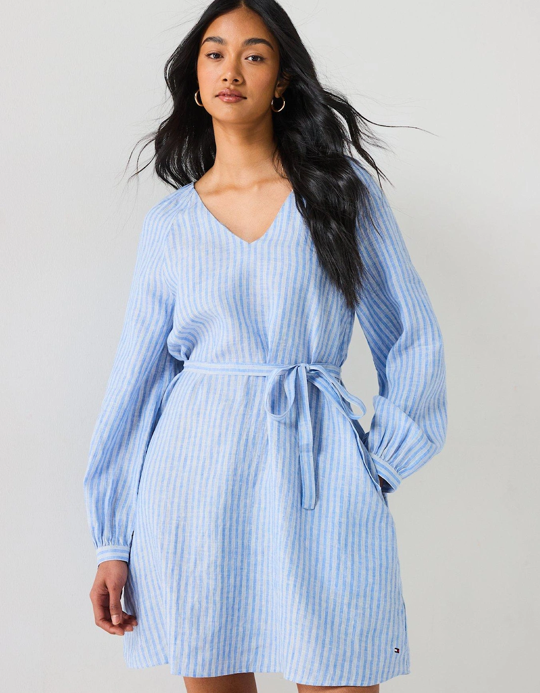 Linen V-Neck Mini Dress - Blue
