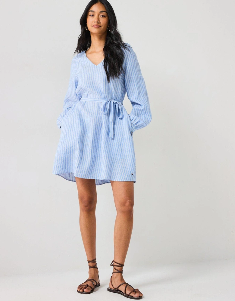 Linen V-Neck Mini Dress - Blue