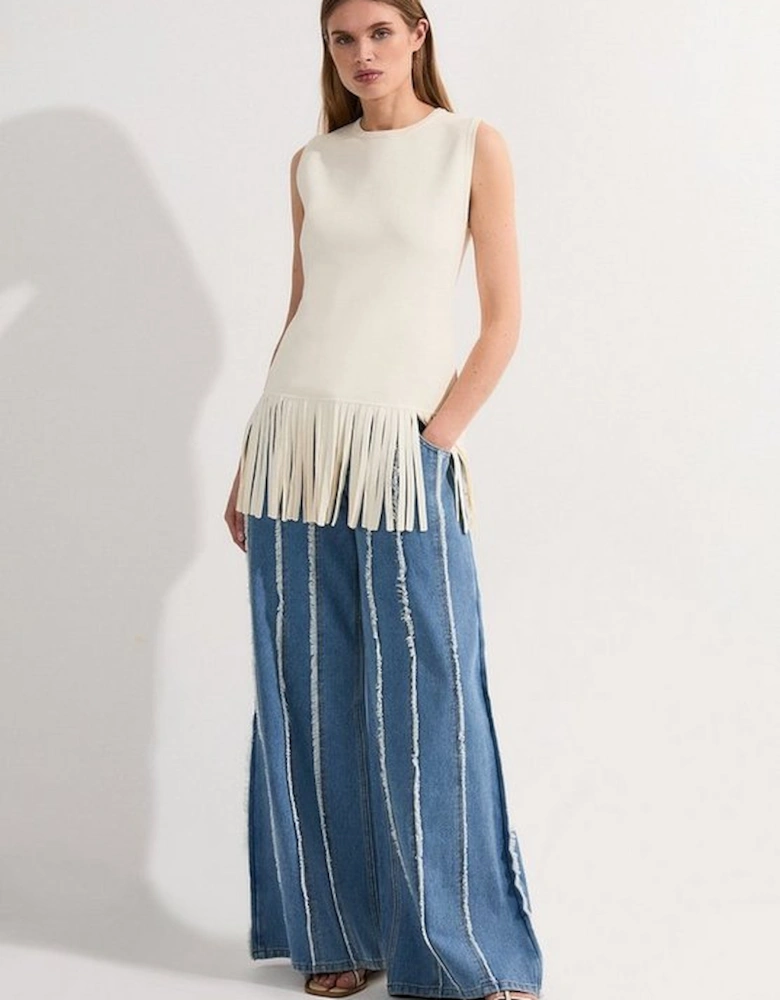 Petite Denim Tassel Detail Wide Leg Jeans