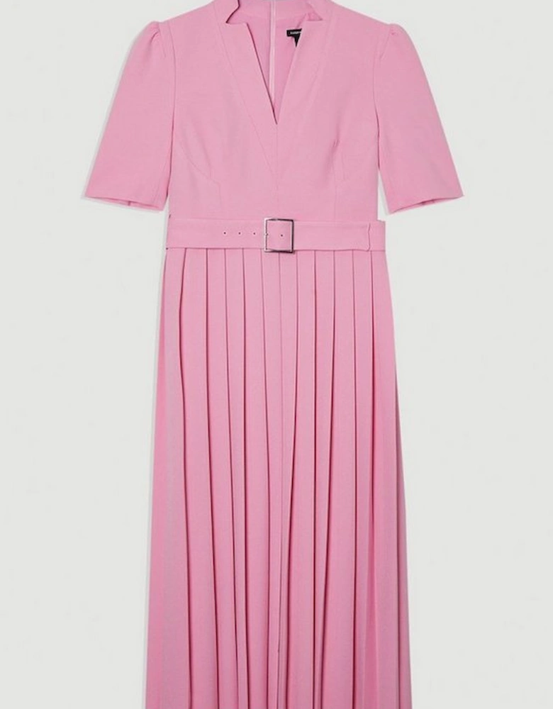 Tailored Structured Crepe Forever Pleat Belted Midi Dress