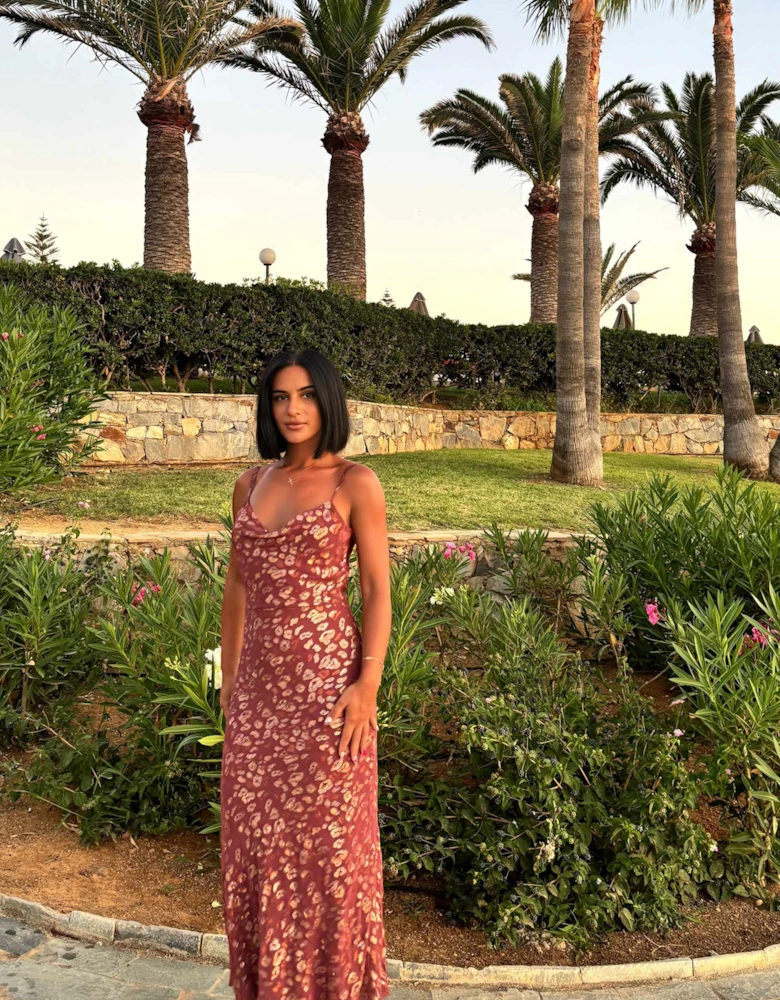 Brown Viscose Animal Jacquard Cowl Midi Dress