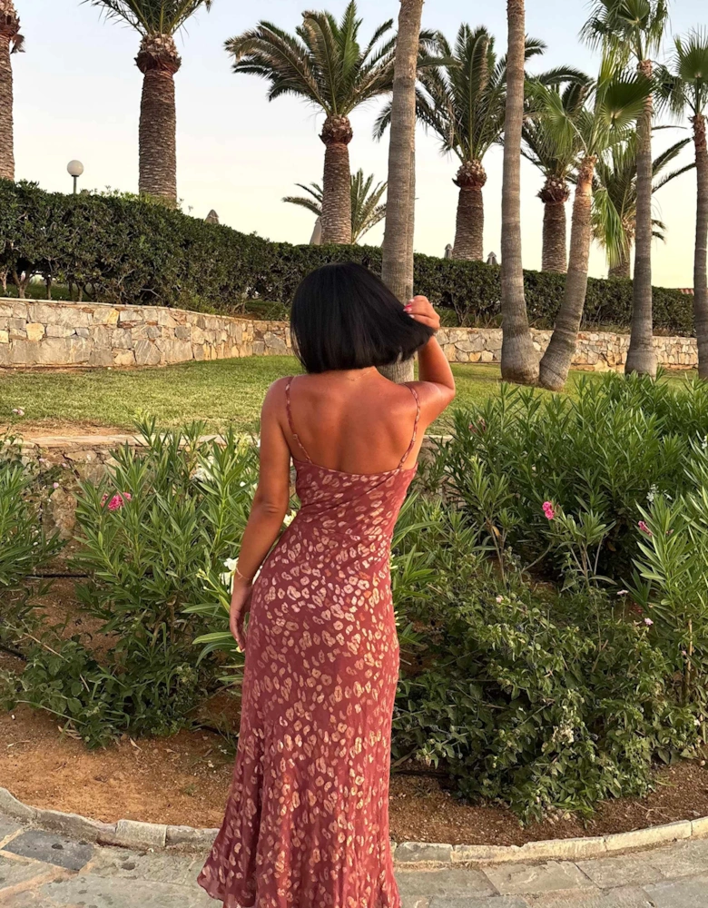 Brown Viscose Animal Jacquard Cowl Midi Dress