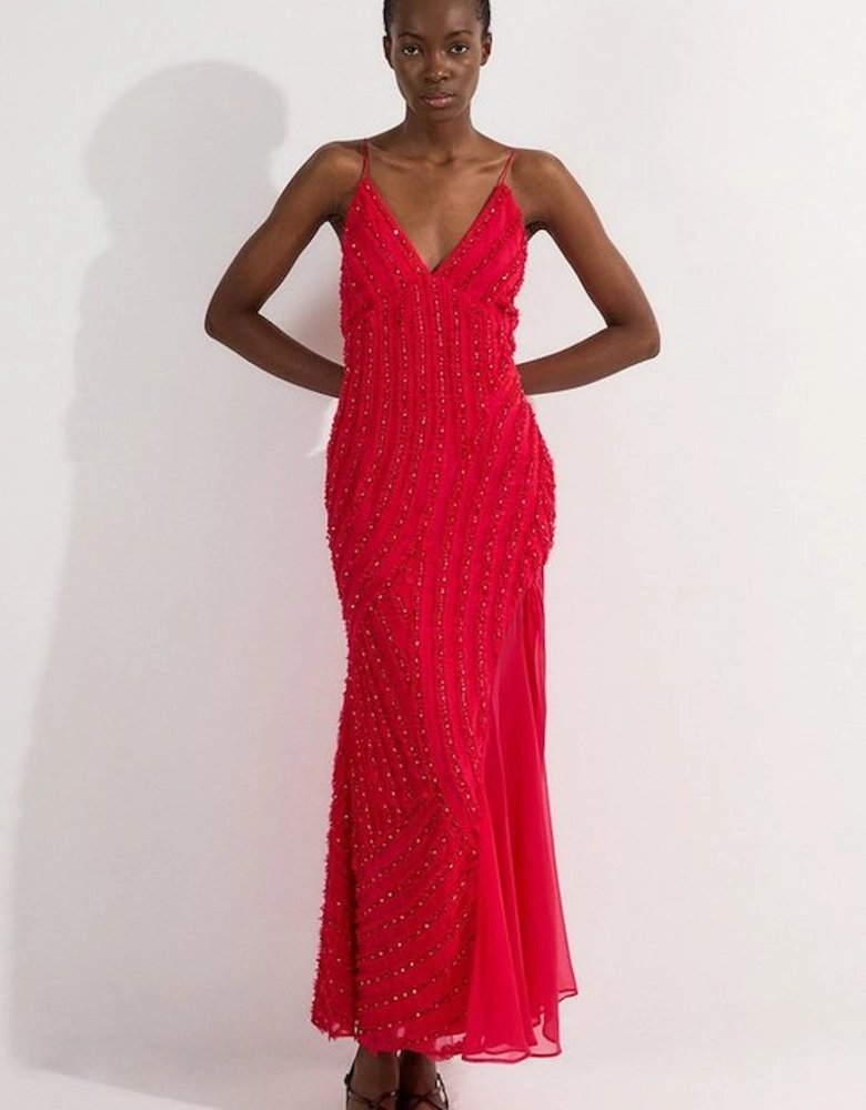 Embellished Ruffle Strappy Woven Maxi Dress