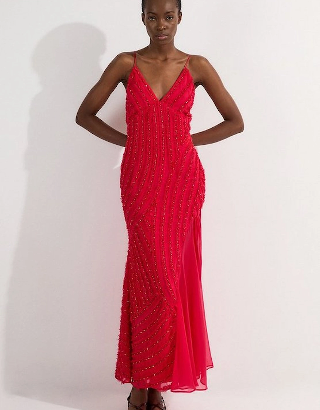 Embellished Ruffle Strappy Woven Maxi Dress