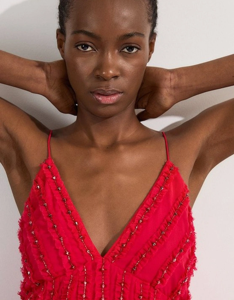 Embellished Ruffle Strappy Woven Maxi Dress
