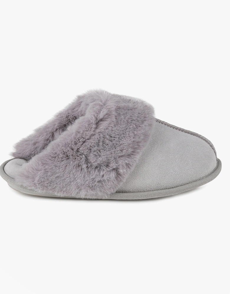 Isotoner REAL SUEDE WITH FUR CUFF Womens Mule Slippers Grey
