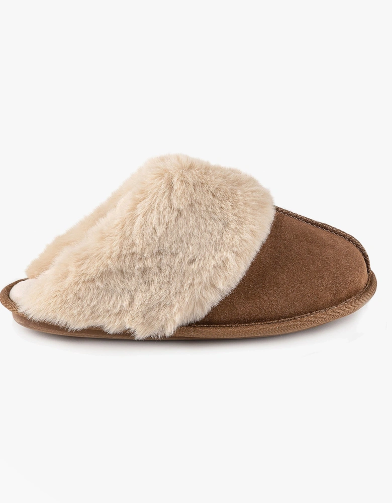 Isotoner REAL SUEDE WITH FUR CUFF Womens Mule Slippers Tan