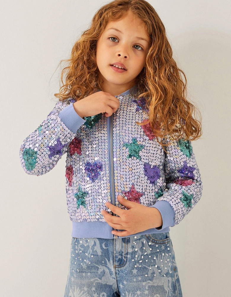 Girls Star Heart Sequin Bomber Jacket - Blue