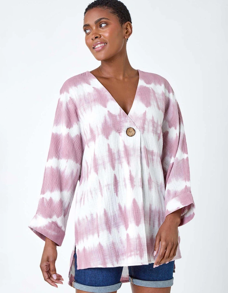 Cotton Tie Dye Button Detail V-neck Top