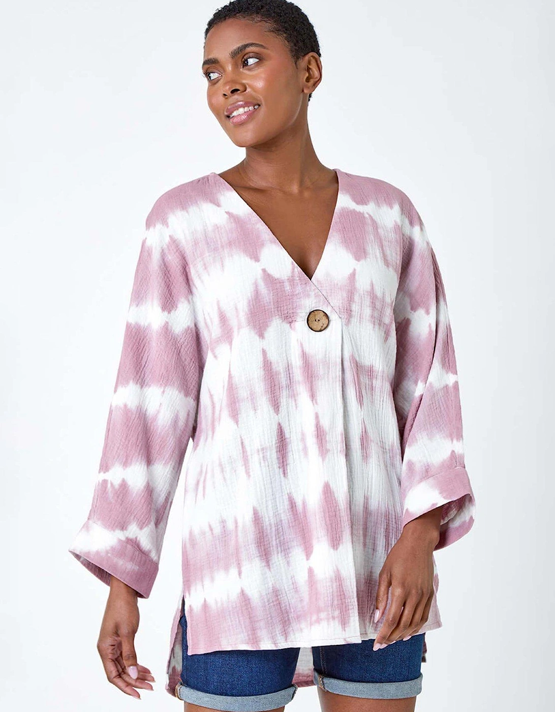 Cotton Tie Dye Button Detail V-neck Top, 2 of 1