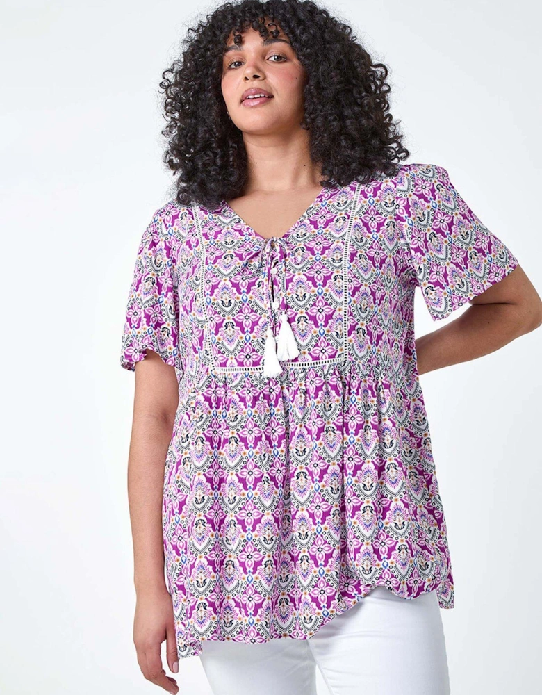 Curve Tie Front V-neck Boho Printed Top