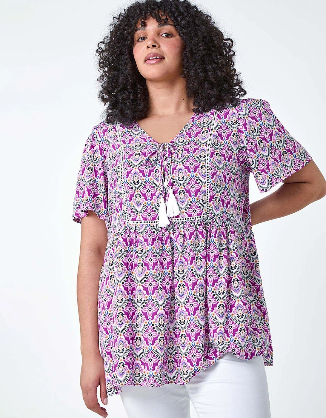 Curve Tie Front V-neck Boho Printed Top, 2 of 1