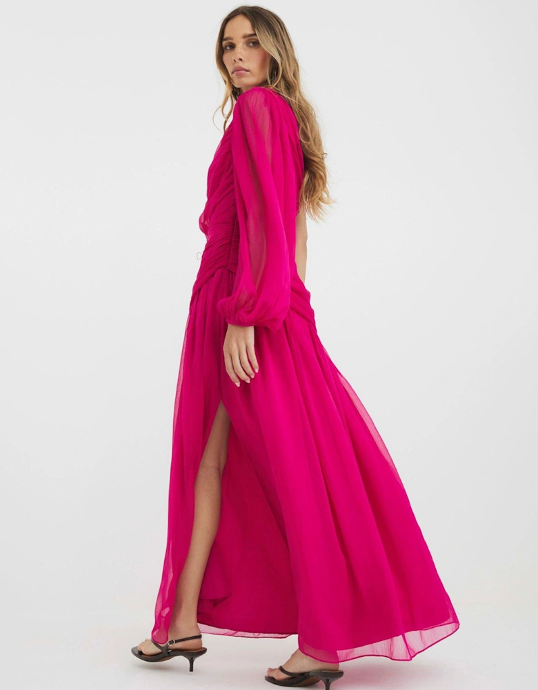 One Shoulder Plisse Midi Dress - Pink