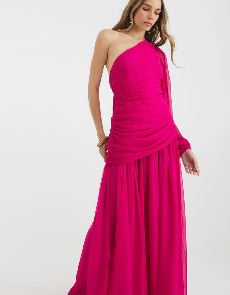 One Shoulder Plisse Midi Dress - Pink