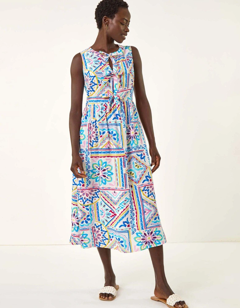 Tile Print Bow Front Midi Dress - Blue