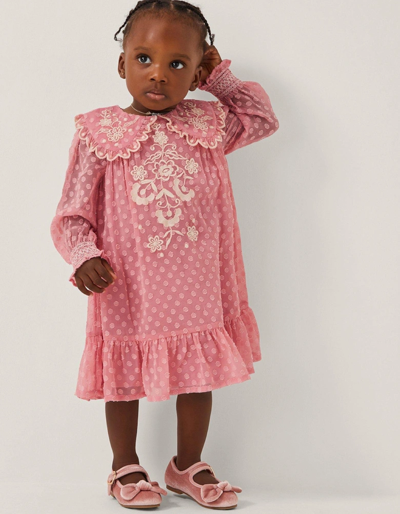 Baby Girls Embroidered Dobby Dress - Pink