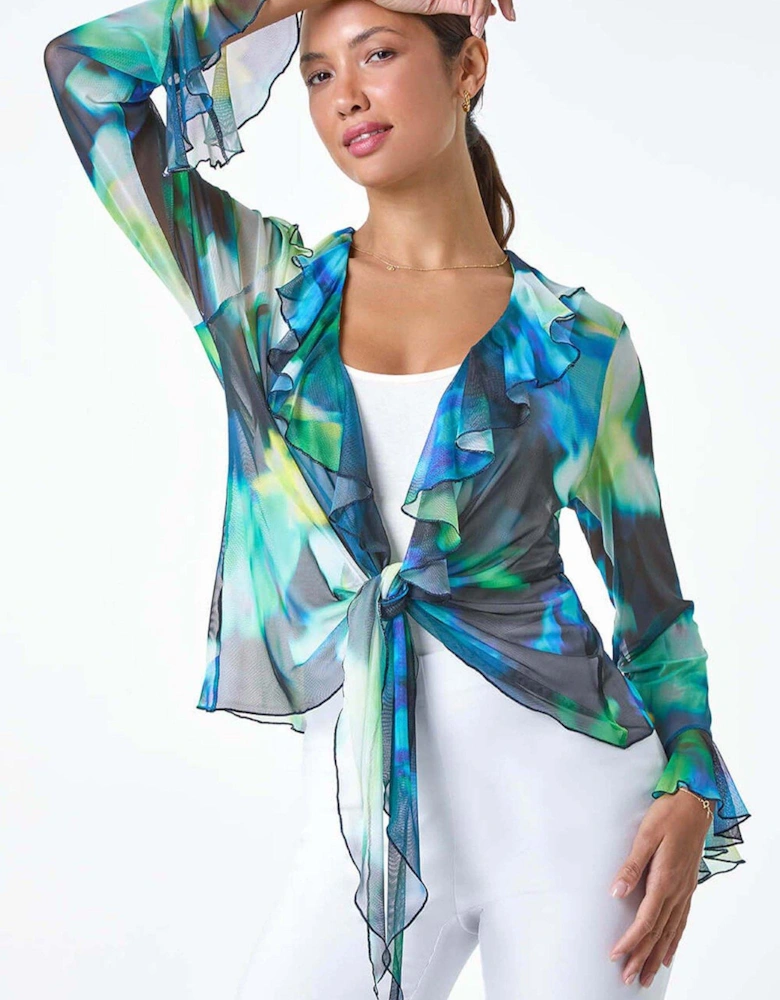Tie Frill Detail V-neck Stretch Mesh Top