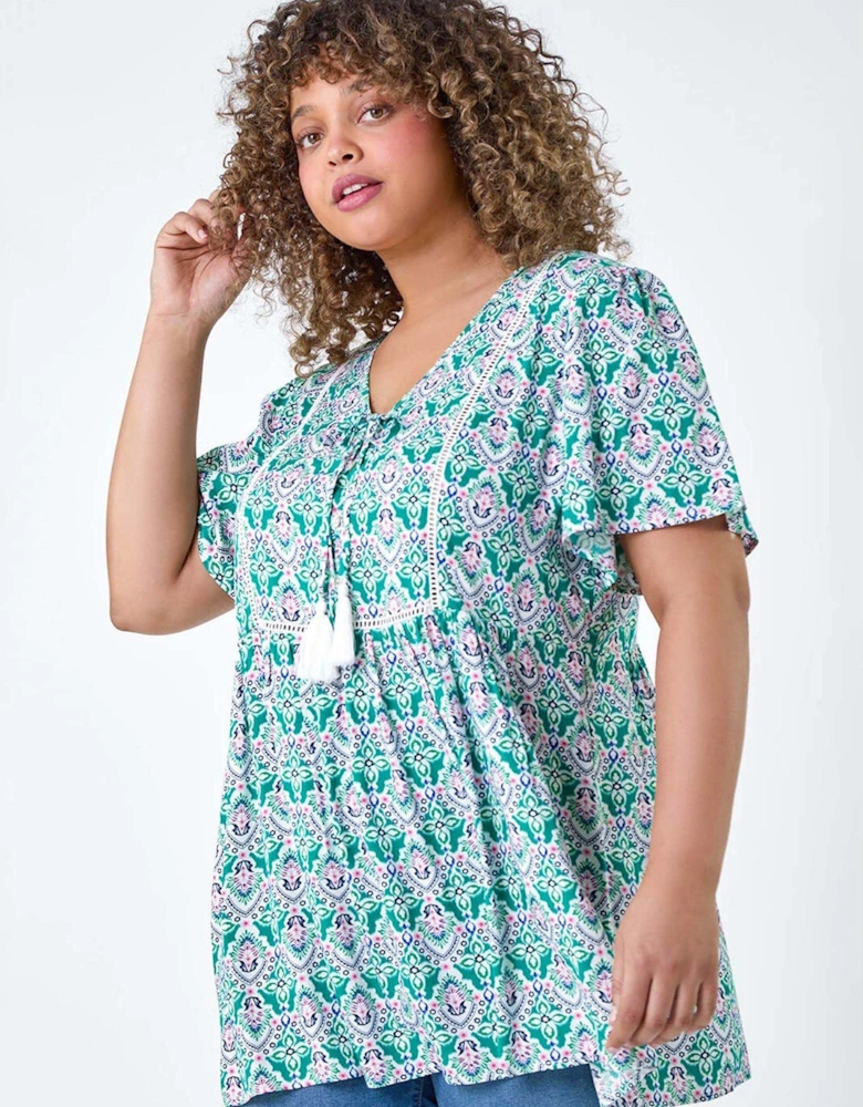 Curve Tie Front V-neck Boho Printed Top