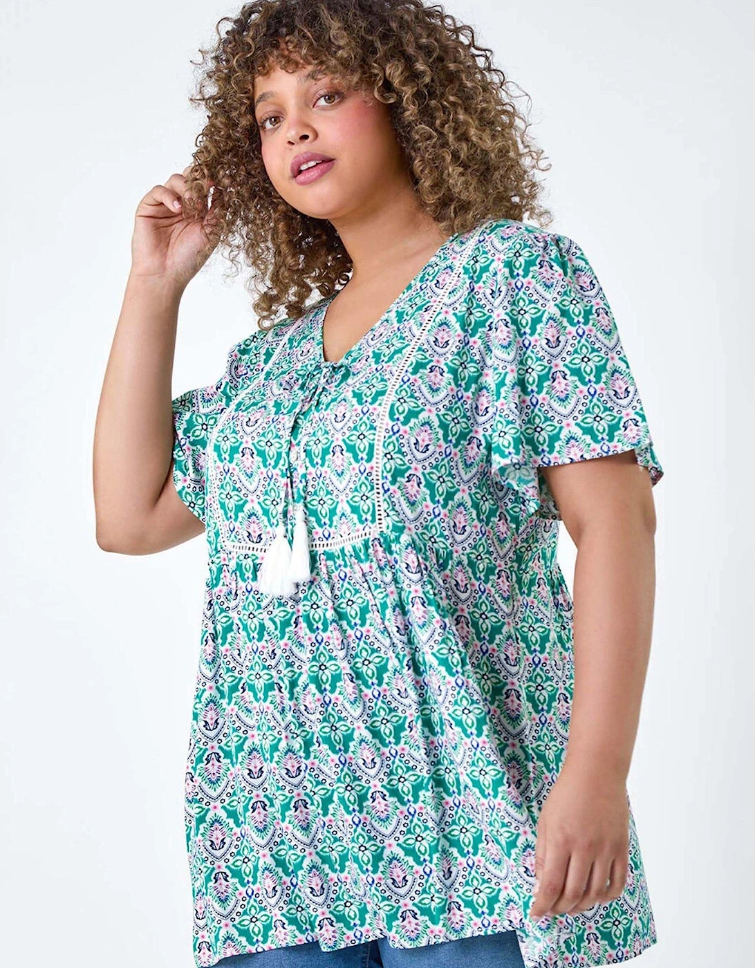 Curve Tie Front V-neck Boho Printed Top, 2 of 1