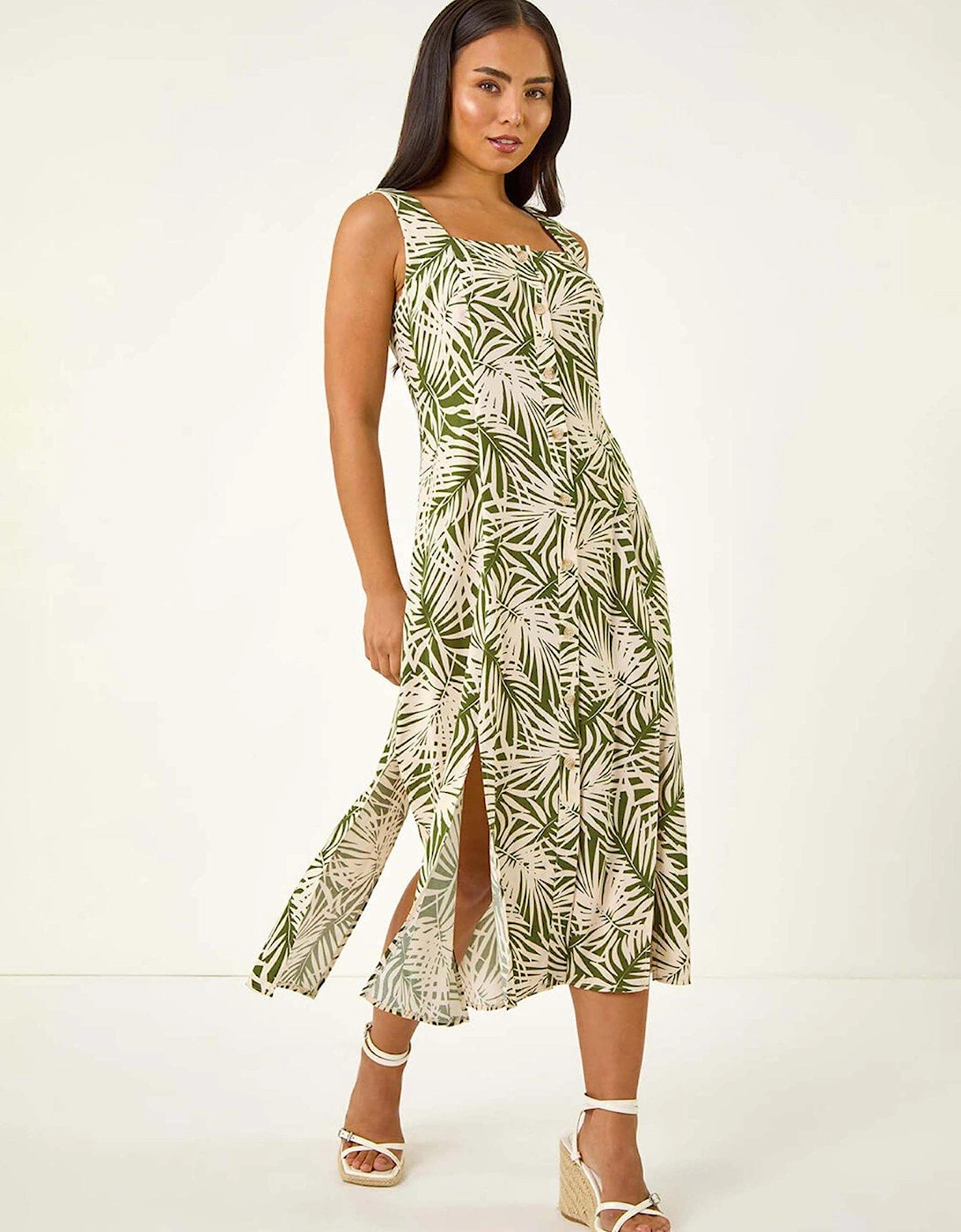 Petite Leaf Print Button Midi Dress - Green, 2 of 1