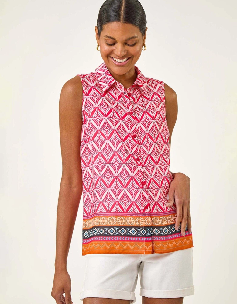Geo Border Print Button Blouse - Red