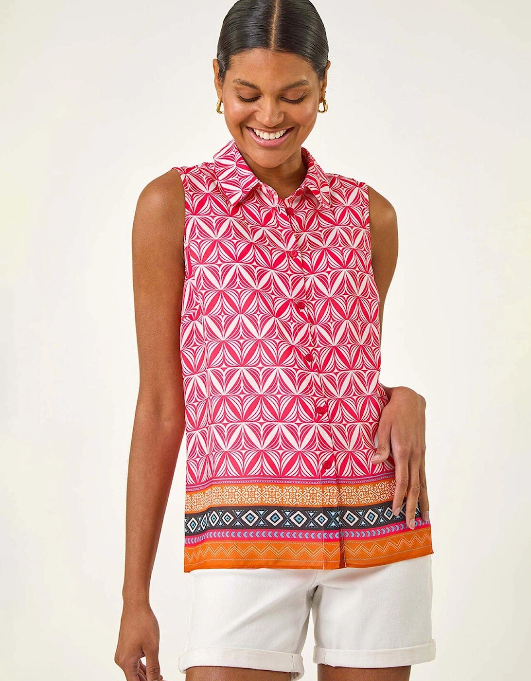Geo Border Print Button Blouse - Red, 2 of 1