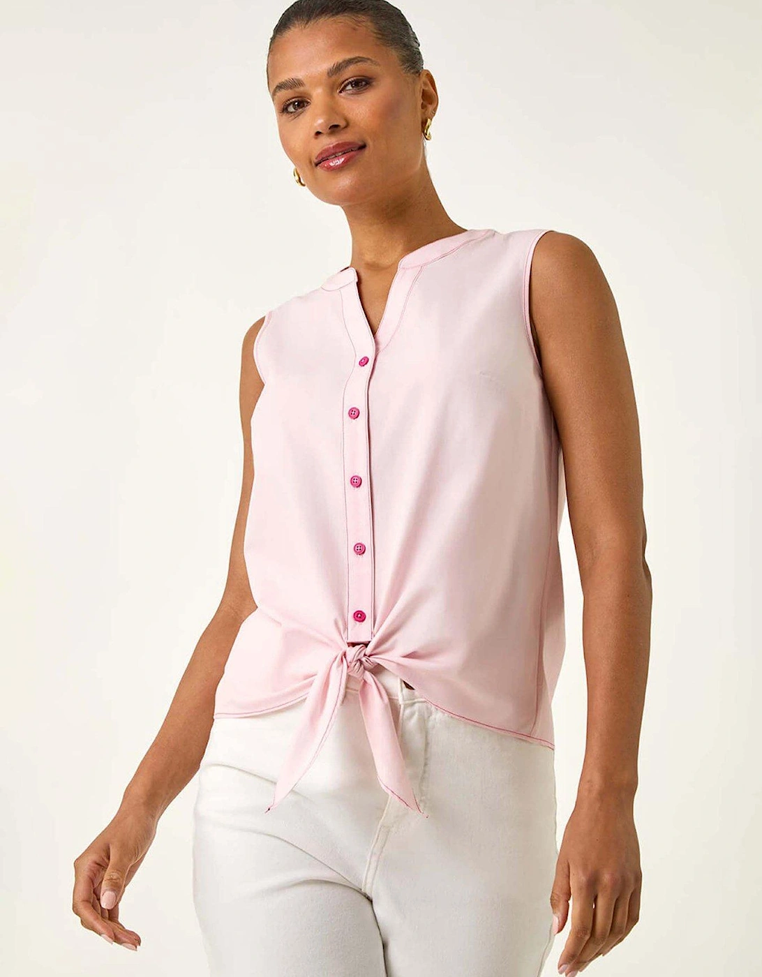 Contrast V-Neck Tie Front Blouse - Pink, 2 of 1