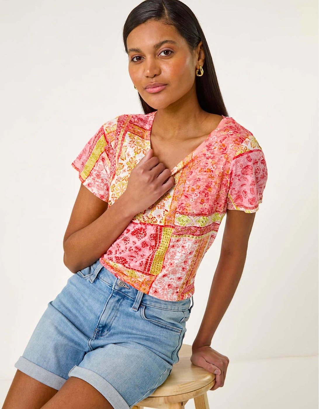 Contrast Print Stretch Top - Pink, 2 of 1