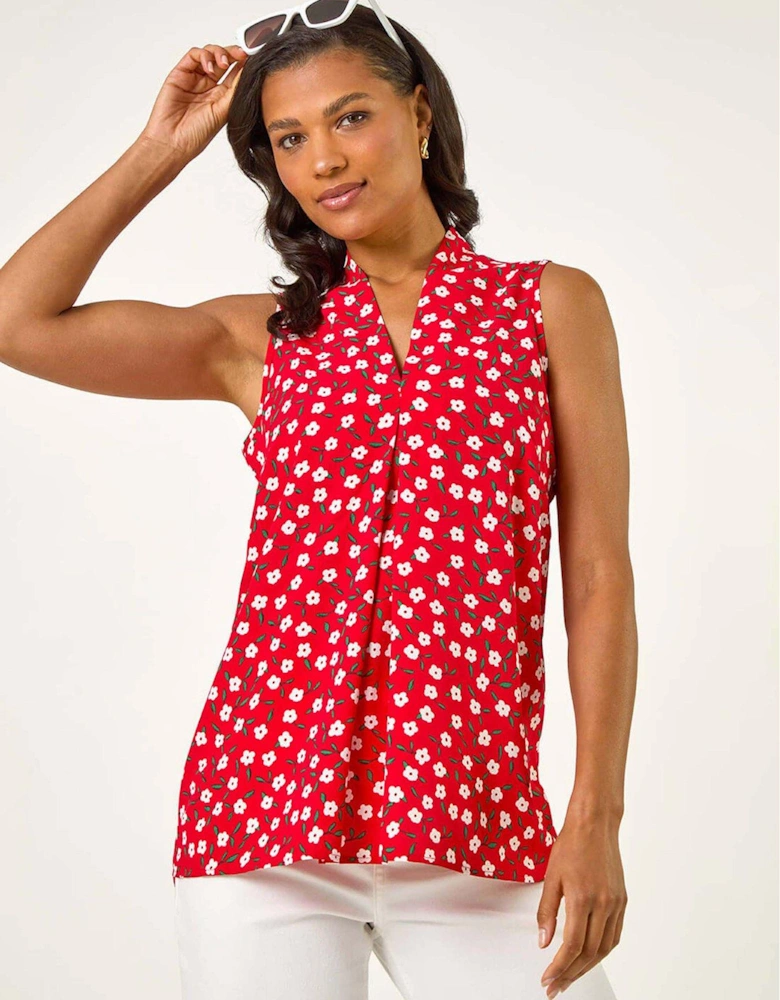 Floral Pleat Front Vest Top - Red