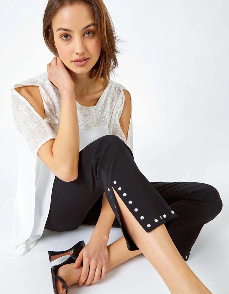 Elastic Waist Stud Detail Cropped Trouser - Black