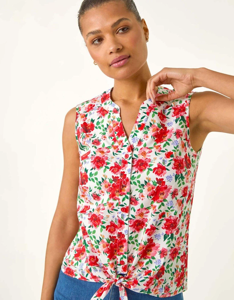 Floral Tie Front Blouse - Red