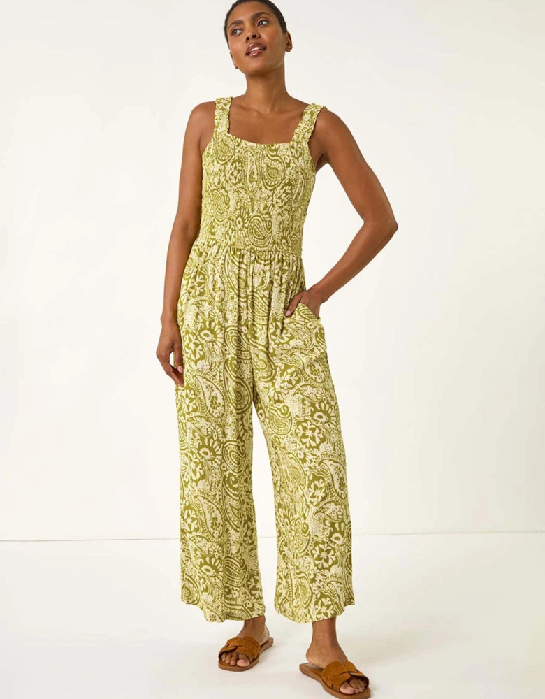 Paisley Print Cropped Jumpsuit - Green