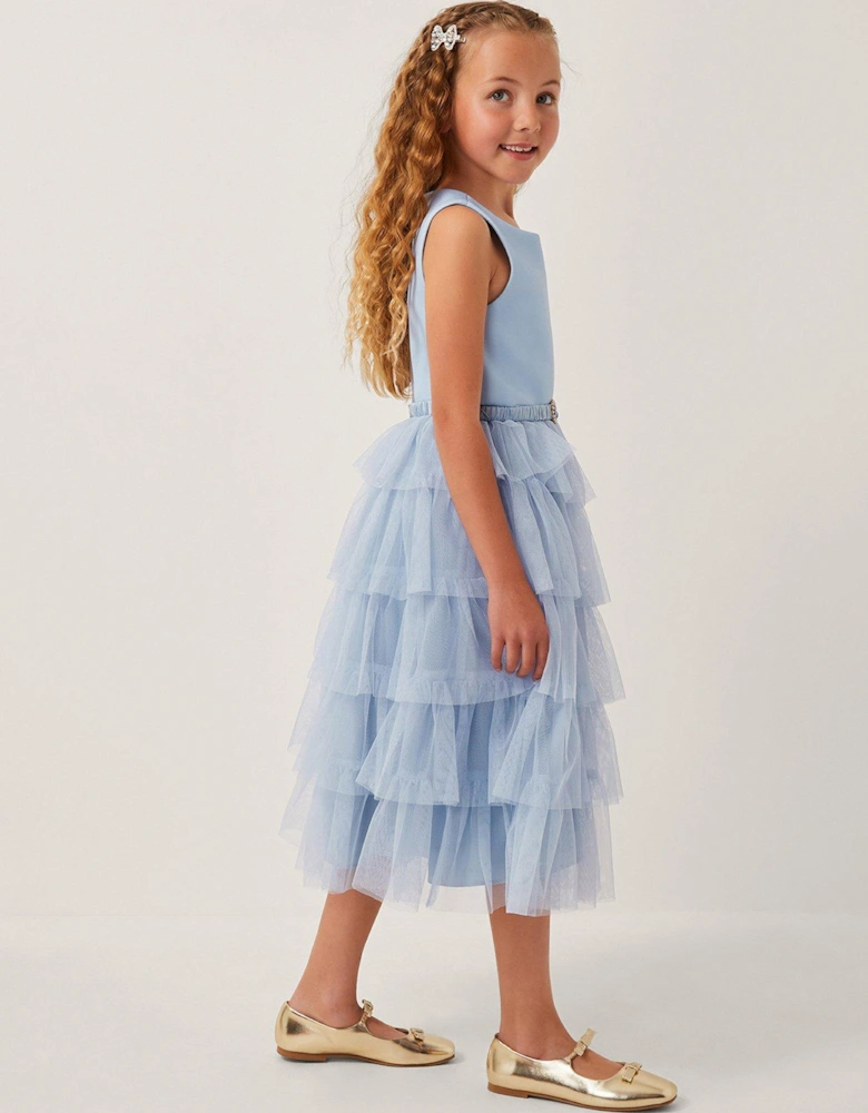 Girls Scuba Belted Ruffle Dress - Blue
