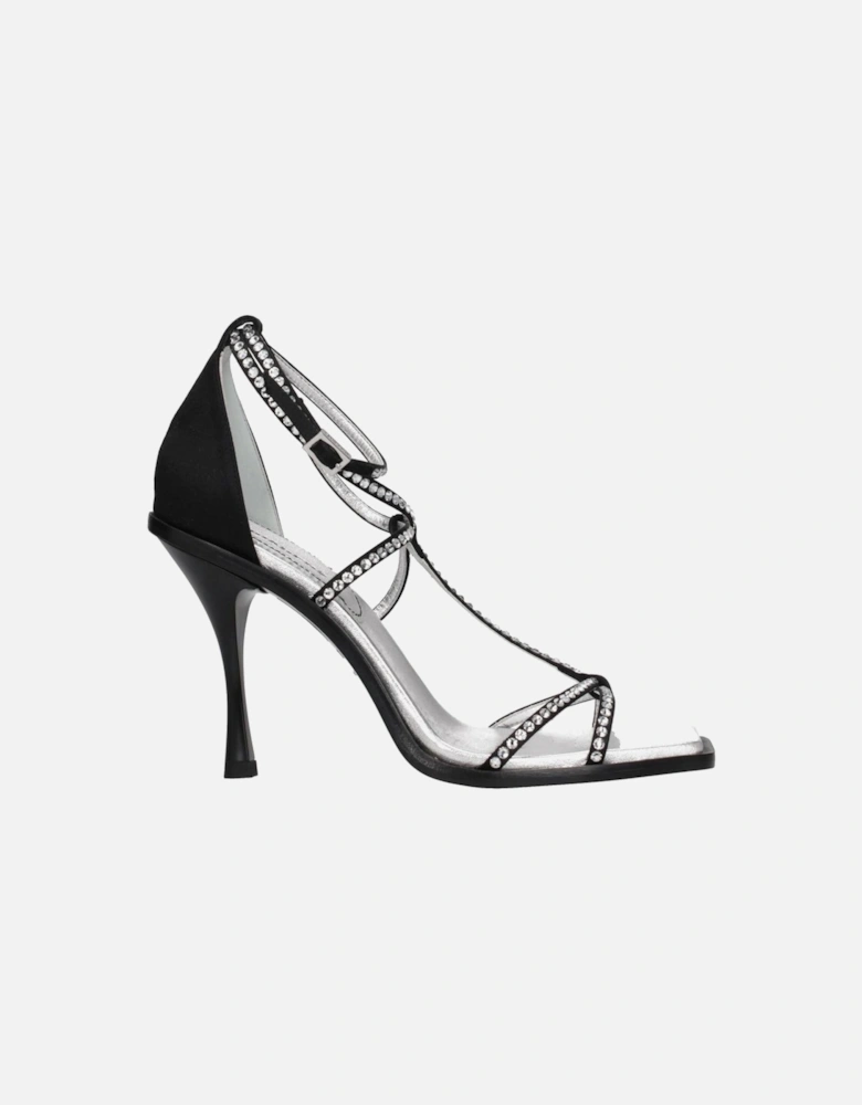 Rhinestone Satin High Heel Sandals with Buckle Closure Women - Black