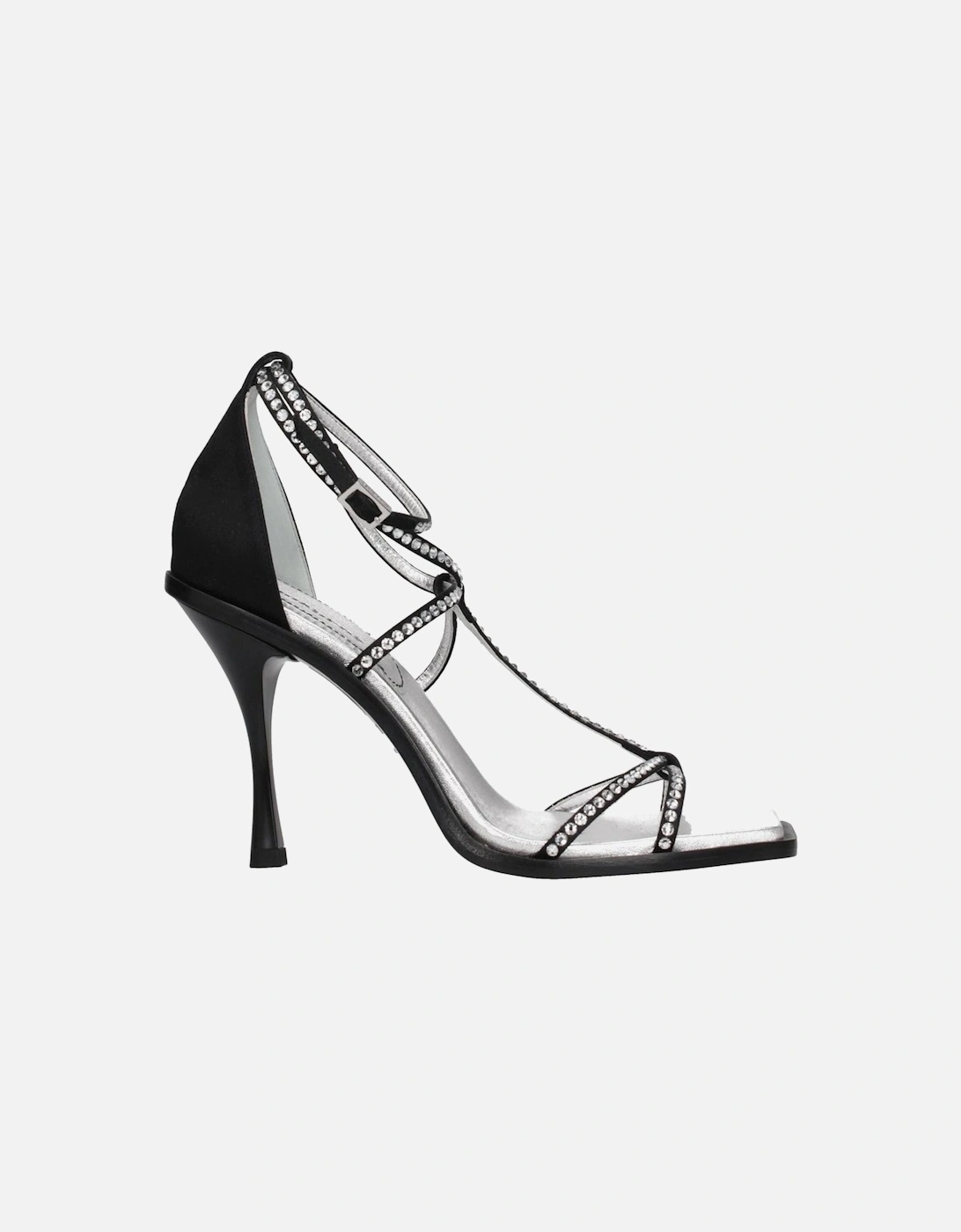 Rhinestone Satin High Heel Sandals with Buckle Closure Women - Black, 6 of 5
